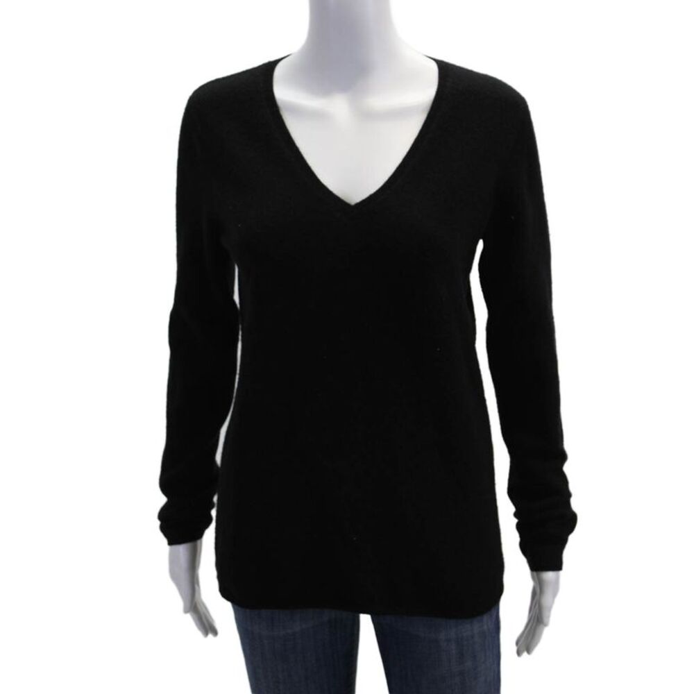 Jennie Liu Womens Pullover V-Neck Black Wool Blend Long Sleeve Size M